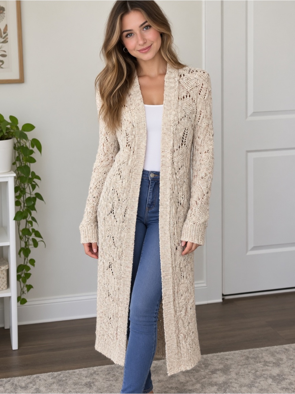 Pilcro Ivory Speckled Knit Boho Maxi Duster Cardigan XS